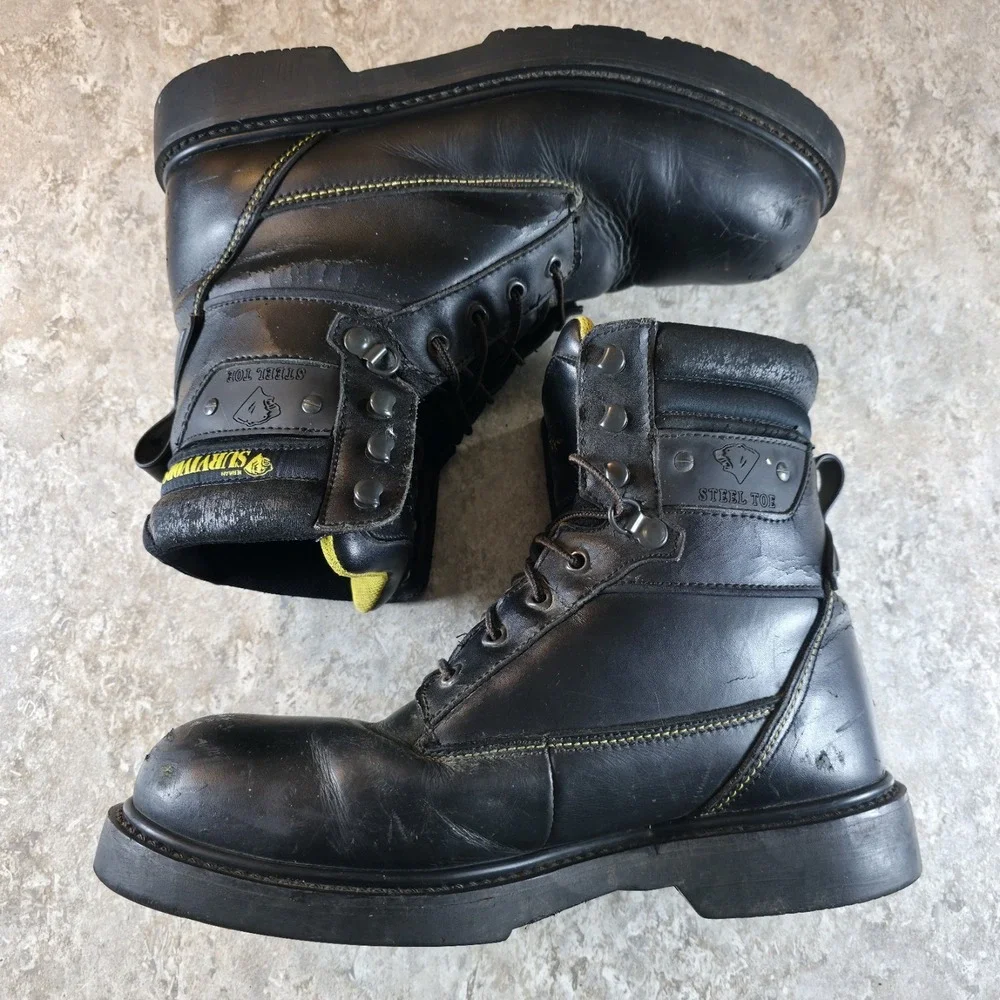 Vintage Herman Survivor *Cracked Black Leather Steel Toe Work Boots Mens Size 11